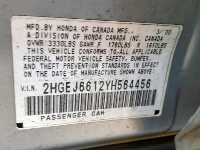 2HGEJ6612YH564456 - 2000 HONDA CIVIC BASE SILVER photo 10