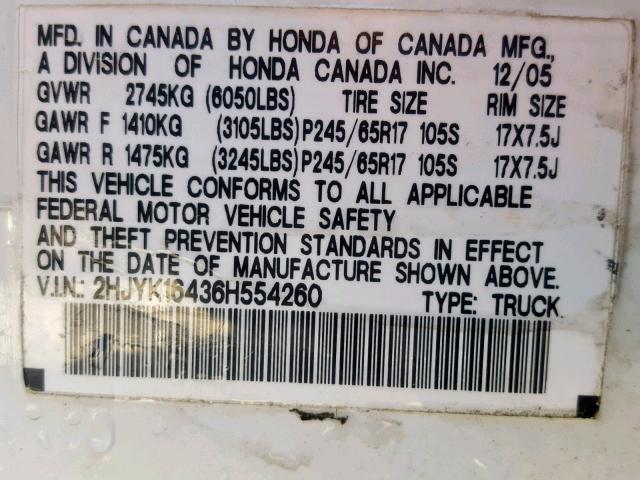 2HJYK16436H554260 - 2006 HONDA RIDGELINE WHITE photo 10