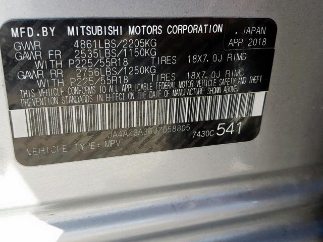 JA4AZ3A36JZ058805 - 2018 MITSUBISHI OUTLANDER SILVER photo 10