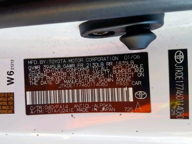 JTKDE177460114080 - 2006 TOYOTA SCION TC 白色 照片 10