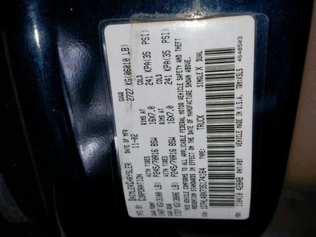 1D7HL48X73S174164 - 2003 DODGE DAKOTA QUA BLUE photo 10