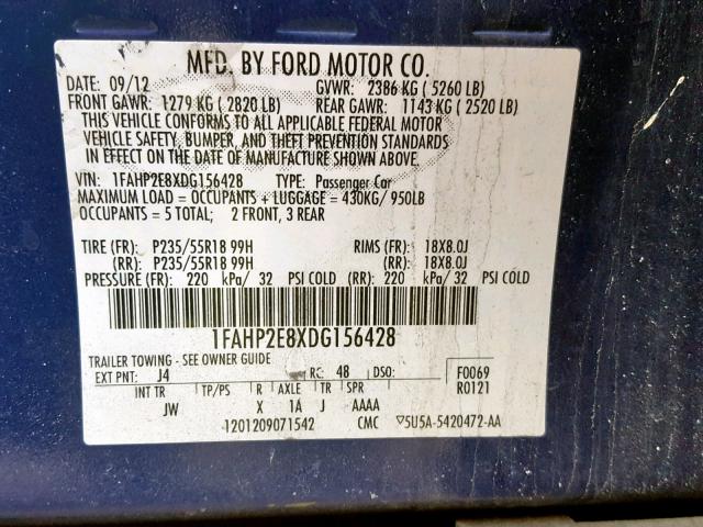 1FAHP2E8XDG156428 - 2013 FORD TAURUS SEL BLUE photo 10