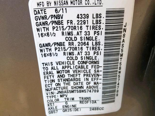 JN8AS5MT5BW574789 - 2011 NISSAN ROGUE S SILVER photo 10