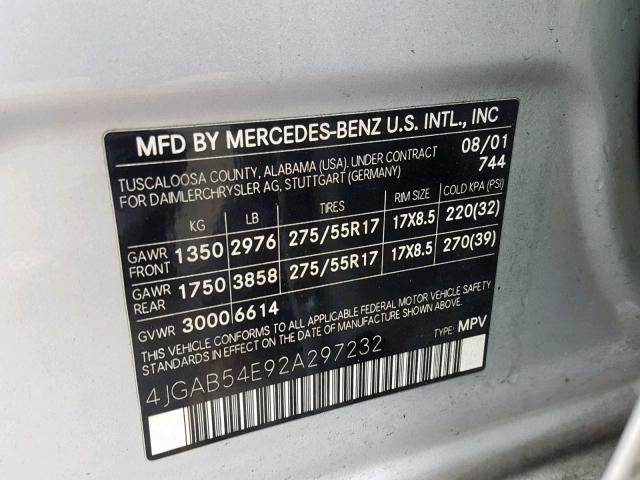 4JGAB54E92A297232 - 2002 MERCEDES-BENZ ML 320 SILVER photo 10