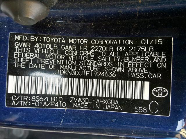 JTDKN3DU1F1924636 - 2015 TOYOTA PRIUS BLUE photo 10