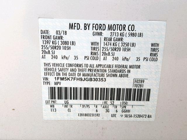 1FM5K7FH9JGB30353 - 2018 FORD EXPLORER L WHITE photo 10