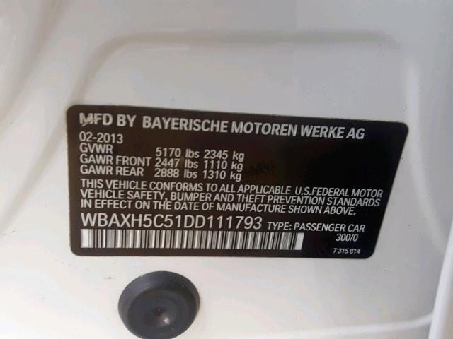 WBAXH5C51DD111793 - 2013 BMW 528 XI WHITE photo 10