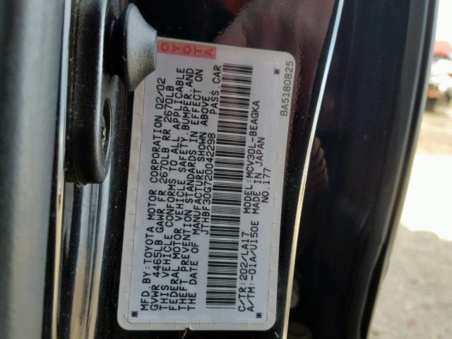 JTHBF30G720042298 - 2002 LEXUS ES 300 BLACK photo 10