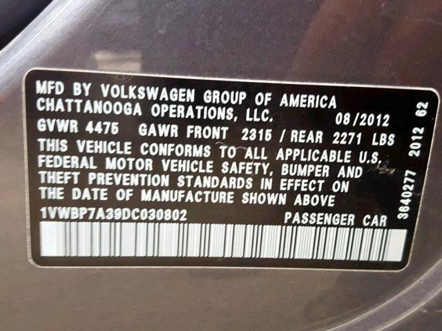 1VWBP7A39DC030802 - 2013 VOLKSWAGEN PASSAT SE GRAY photo 10