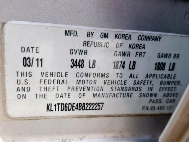 KL1TD6DE4BB222257 - 2011 CHEVROLET AVEO LS SILVER photo 10