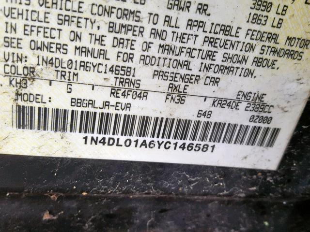 1N4DL01A6YC146581 - 2000 NISSAN ALTIMA XE BLACK photo 10