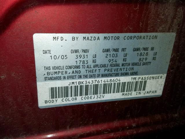 JM1BK343761448604 - 2006 MAZDA 3 HATCHBAC BURGUNDY photo 10