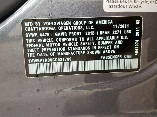 1VWBP7A30CC031769 - 2012 VOLKSWAGEN PASSAT SE SILVER photo 10