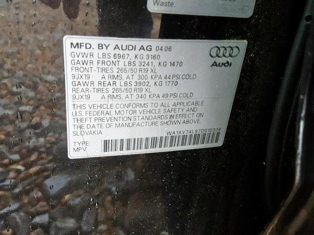 WA1AV74L87D010338 - 2007 AUDI Q7 4.2 QUA BLACK photo 10