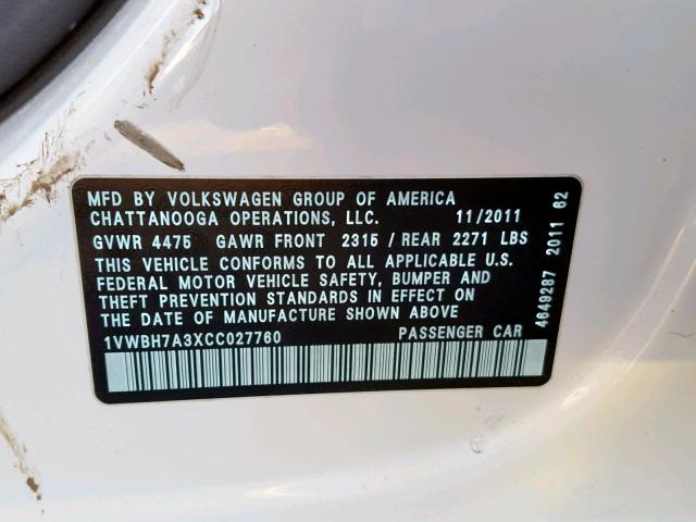 1VWBH7A3XCC027760 - 2012 VOLKSWAGEN PASSAT SE WHITE photo 10