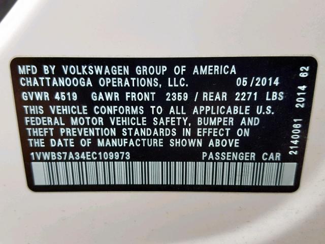 1VWBS7A34EC109973 - 2014 VOLKSWAGEN PASSAT SE WHITE photo 10