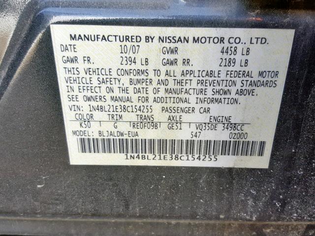 1N4BL21E38C154255 - 2008 NISSAN ALTIMA 3.5 SILVER photo 10