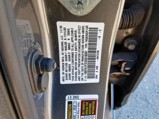 19XFA1F37AE016591 - 2010 HONDA CIVIC VP GRAY photo 10