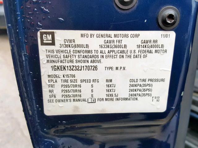 1GKEK13Z32J170726 - 2002 GMC YUKON BLUE photo 10