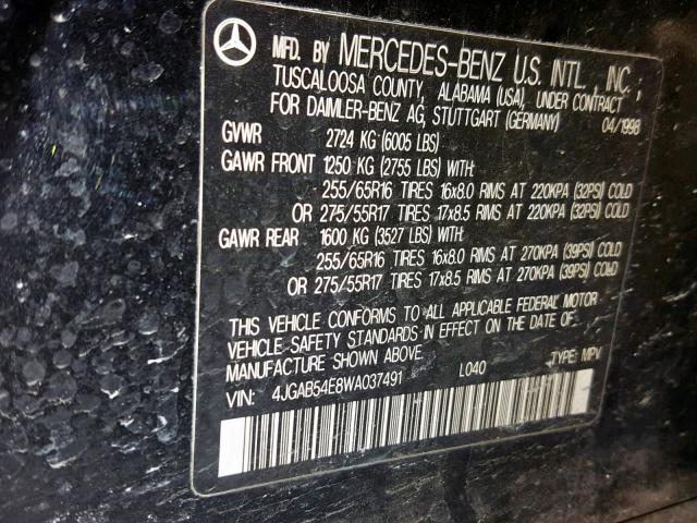 4JGAB54E8WA037491 - 1998 MERCEDES-BENZ ML 320 BLACK photo 10