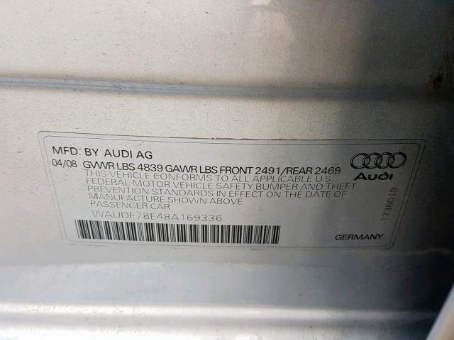 WAUDF78E48A169336 - 2008 AUDI A4 2.0T QU SILVER photo 10