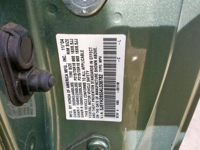 5J6YH28554L038782 - 2004 HONDA ELEMENT EX GREEN photo 10