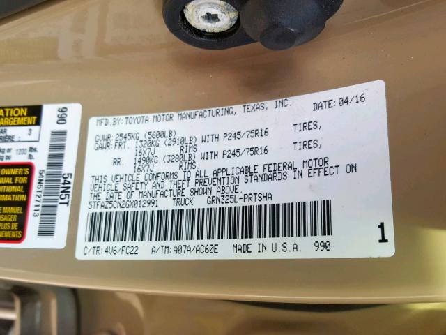 5TFAZ5CN2GX012991 - 2016 TOYOTA TACOMA DOU TAN photo 10