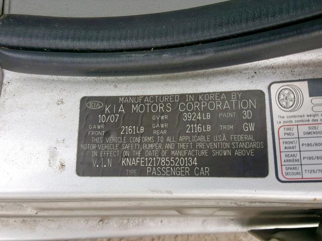 KNAFE121785520134 - 2008 KIA SPECTRA EX SILVER photo 10