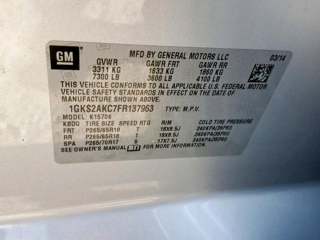 1GKS2AKC7FR137963 - 2015 GMC YUKON SLE GRAY photo 10