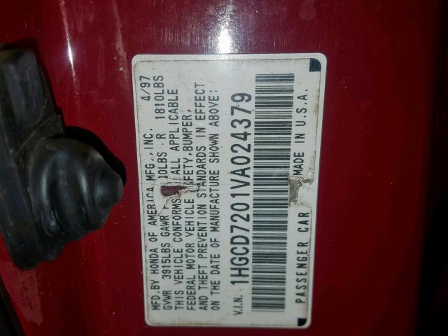 1HGCD7201VA024379 - 1997 HONDA ACCORD SE Կարմիր լուսանկար 10