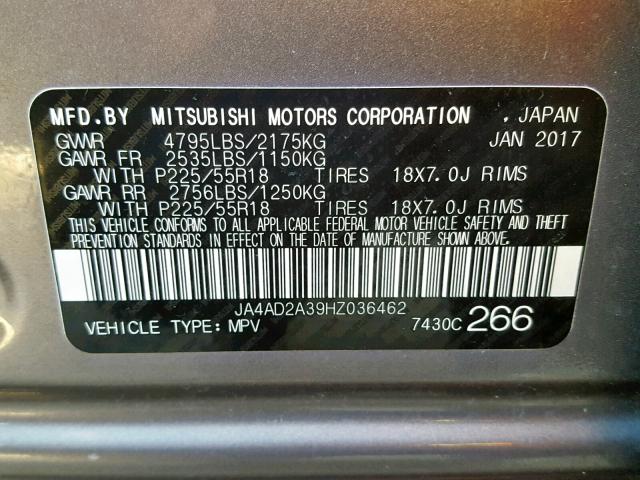 JA4AD2A39HZ036462 - 2017 MITSUBISHI OUTLANDER SILVER photo 10