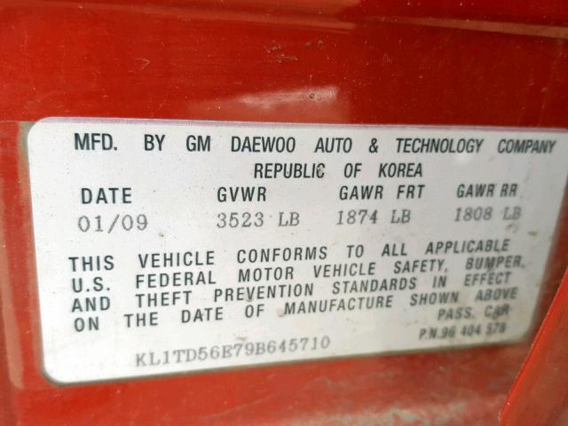 KL1TD56E79B645710 - 2009 CHEVROLET AVEO LS RED photo 10