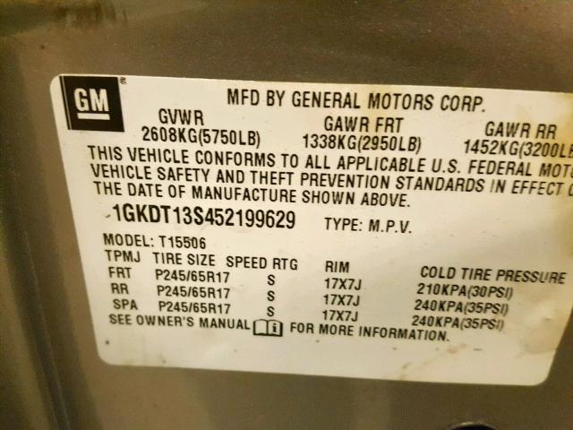 1GKDT13S452199629 - 2005 GMC ENVOY SILVER photo 10