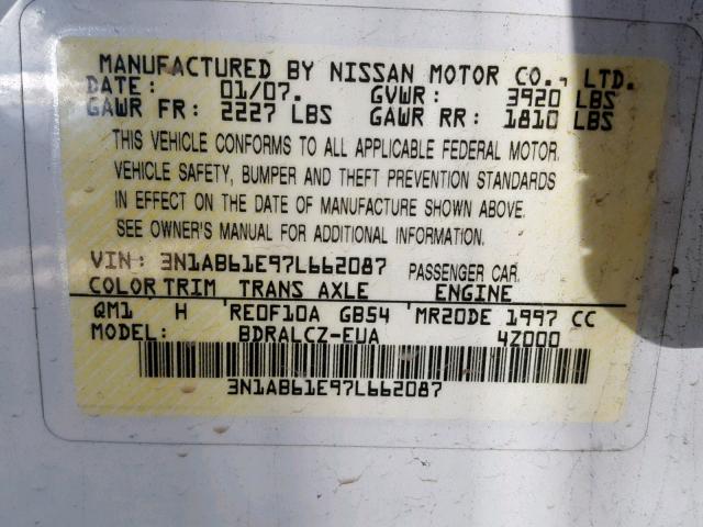 3N1AB61E97L662087 - 2007 NISSAN SENTRA 2.0 WHITE photo 10