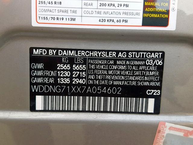 WDDNG71XX7A054602 - 2007 MERCEDES-BENZ S 550 SILVER photo 10