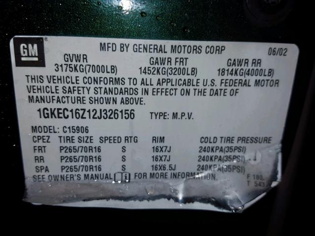 1GKEC16Z12J326156 - 2002 GMC YUKON XL C GREEN photo 10