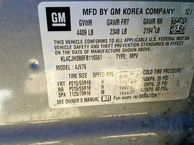 KL4CJHSB6FB116561 - 2015 BUICK ENCORE PRE GRAY photo 10