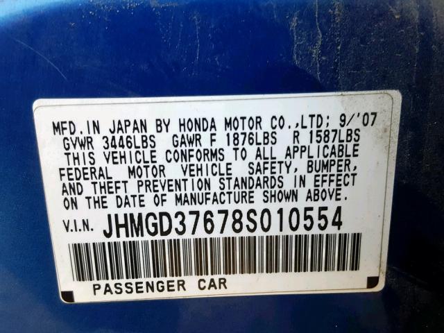 JHMGD37678S010554 - 2008 HONDA FIT SPORT BLUE photo 10