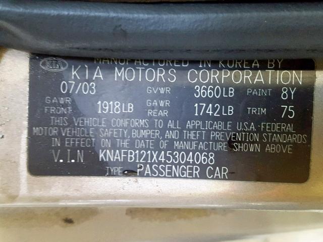 KNAFB121X45304068 - 2004 KIA SPECTRA BA GOLD photo 10