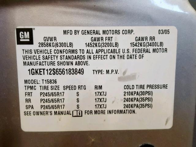 1GKET12S656183849 - 2005 GMC ENVOY XUV SILVER photo 10