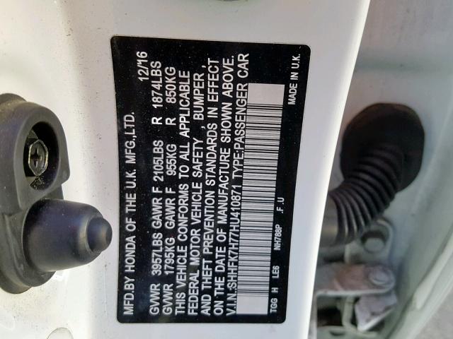 SHHFK7H77HU410871 - 2017 HONDA CIVIC EXL WHITE photo 10