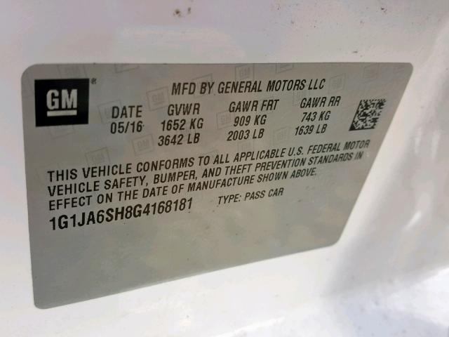 1G1JA6SH8G4168181 - 2016 CHEVROLET SONIC LS 白色 照片 10