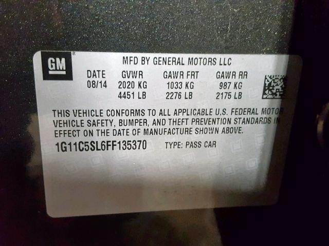 1G11C5SL6FF135370 - 2015 CHEVROLET MALIBU 1LT ნაცრისფერი ფოტო 10