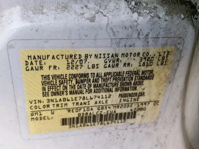 3N1AB61E78L674112 - 2008 NISSAN SENTRA 2.0 WHITE photo 10