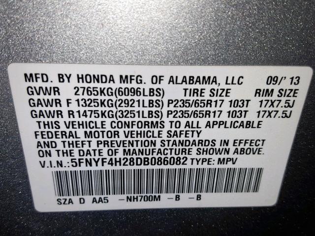 5FNYF4H28DB086082 - 2013 HONDA PILOT LX SILVER photo 10