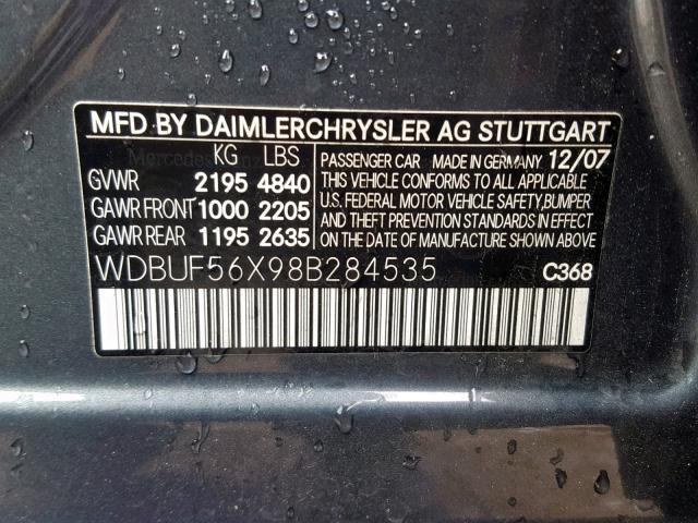 WDBUF56X98B284535 - 2008 MERCEDES-BENZ E 350 GRAY photo 10