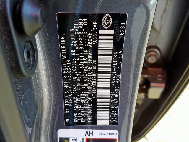 4T1BK1EB4GU230920 - 2016 TOYOTA AVALON XLE GRAY photo 10