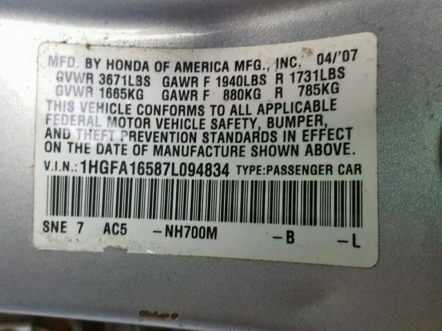 1HGFA16587L094834 - 2007 HONDA CIVIC LX SILVER photo 10