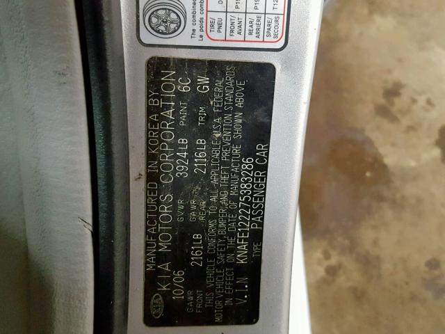 KNAFE122275383286 - 2007 KIA SPECTRA EX SILVER photo 10