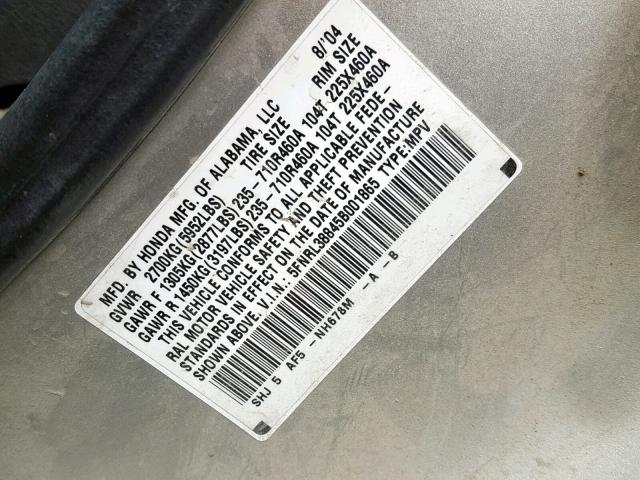 5FNRL38845B001865 - 2005 HONDA ODYSSEY TO SILVER photo 10